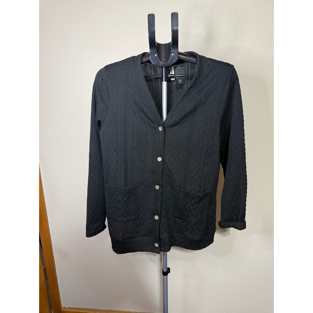 Grecerelle Womens Large Black Textured Knit Button‎ Front Cardigan with Pockets